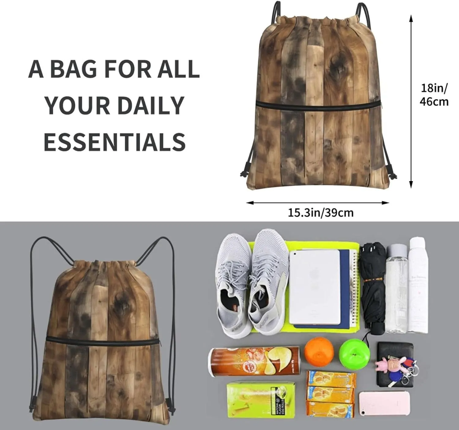 Rustic Wood Plank Drawstring Backpack String Cinch Bag For Fitness Workout, Daily Commute, Travel