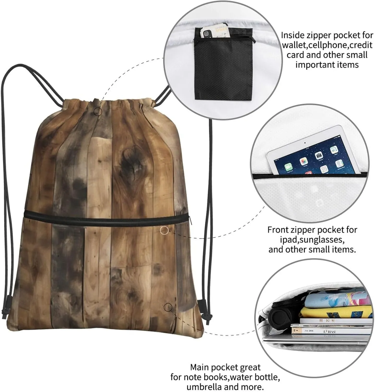 Rustic Wood Plank Drawstring Backpack String Cinch Bag For Fitness Workout, Daily Commute, Travel