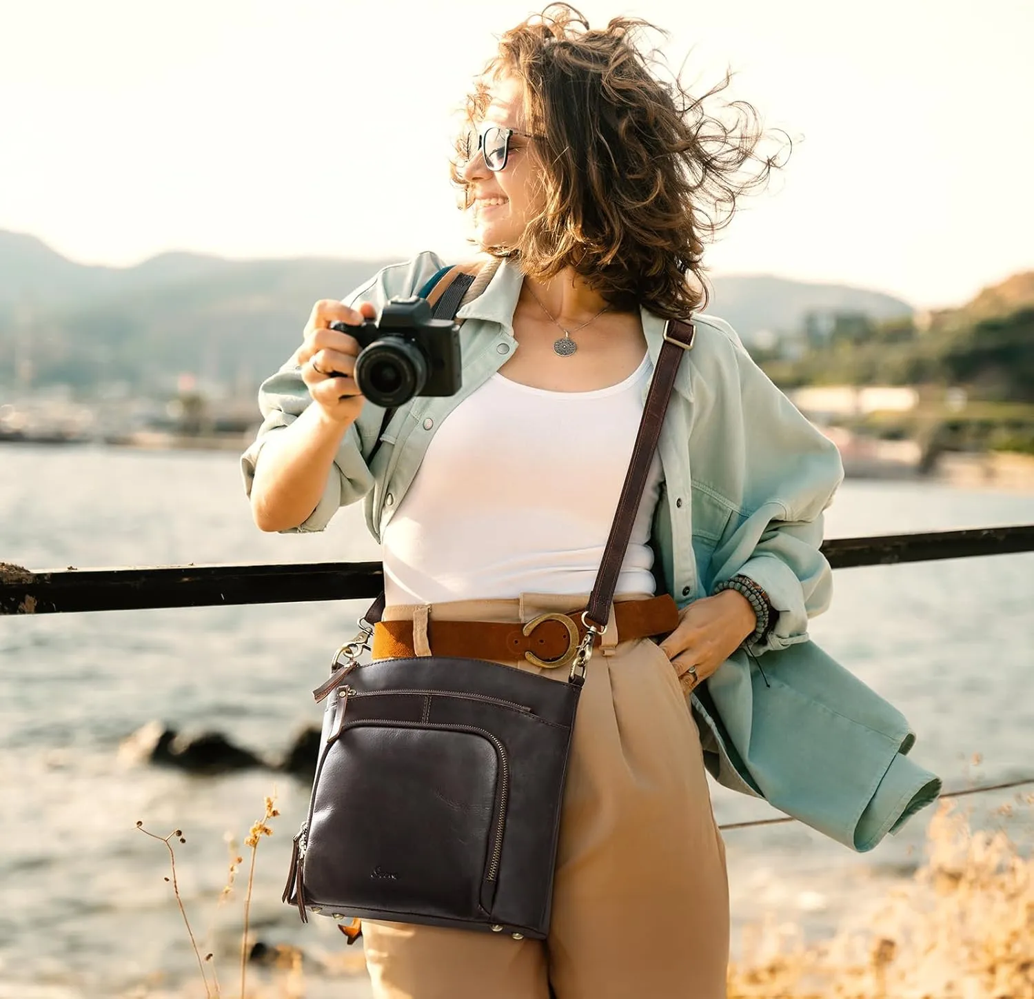 S-ZONE Crossbody Bags Purses for Women Trendy Genuine Leather Four Zipper Pockets Shoulder Handbags