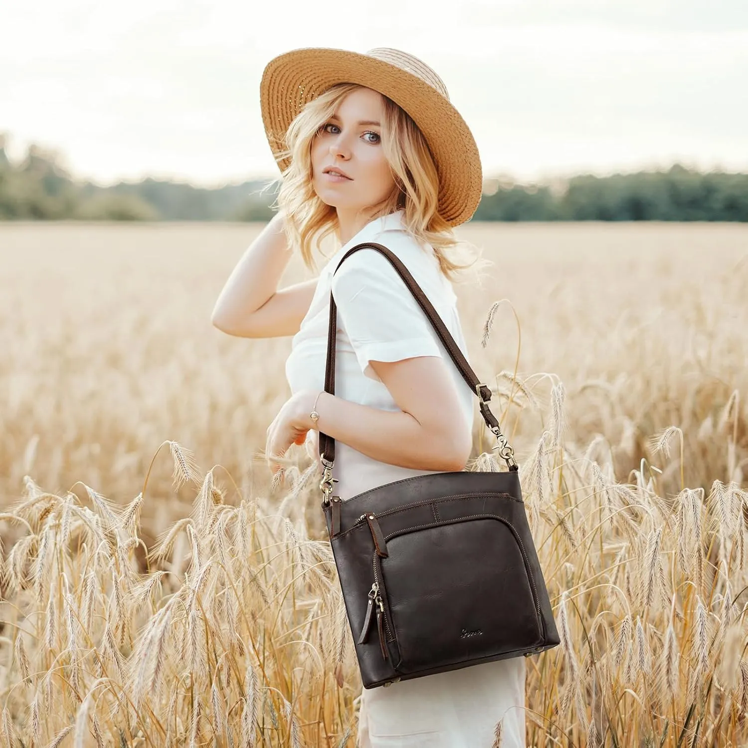 S-ZONE Crossbody Bags Purses for Women Trendy Genuine Leather Four Zipper Pockets Shoulder Handbags