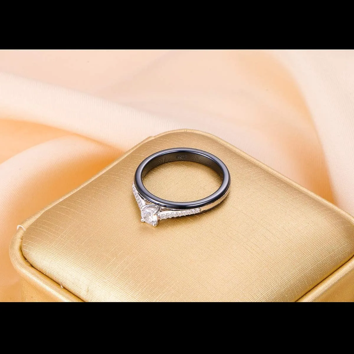 S925 Sterling Silver Ceramic Engagement Wedding Black Promise Band Rings for Her Women Wife Bride Mom Lover Jewelry Birthday