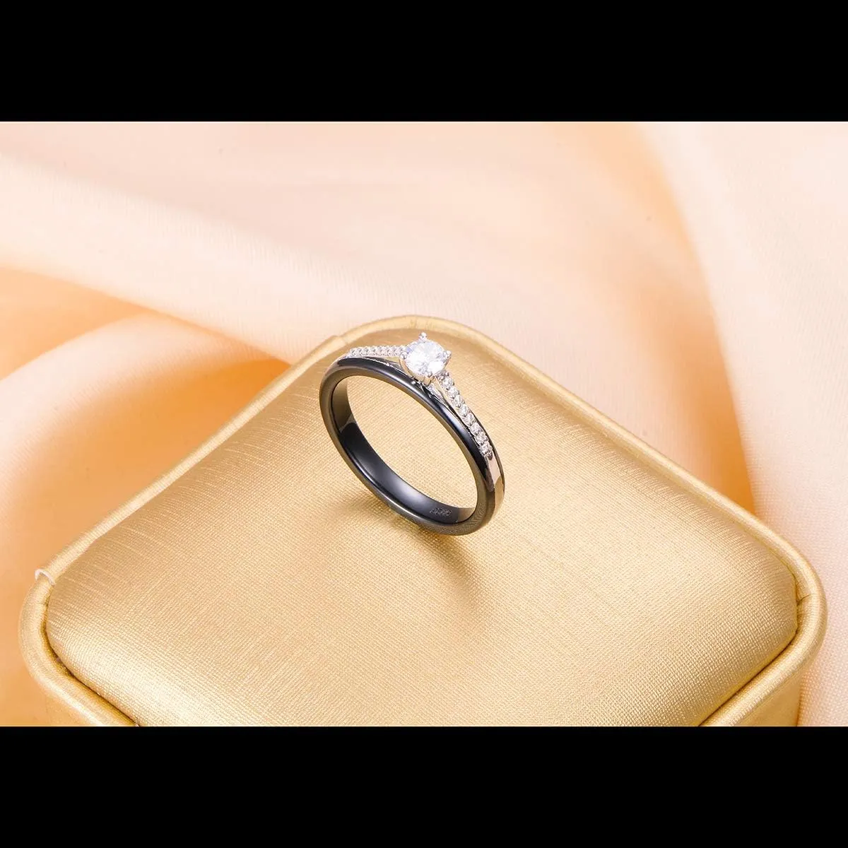 S925 Sterling Silver Ceramic Engagement Wedding Black Promise Band Rings for Her Women Wife Bride Mom Lover Jewelry Birthday