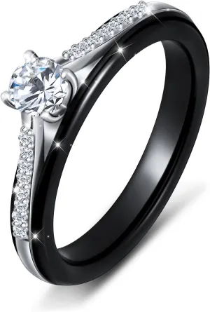 S925 Sterling Silver Ceramic Engagement Wedding Black Promise Band Rings for Her Women Wife Bride Mom Lover Jewelry Birthday