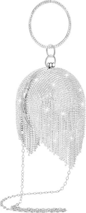 Saintrygo Disco Ball Purse for Women Silver Circle Crystal Clutch Rhinestone Tassel Long Chain Handbag Wedding Party Supplies(Ball Shape,Silver)
