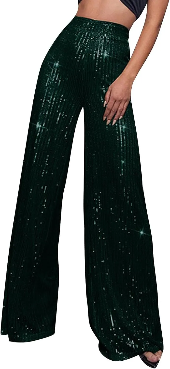Sequin Pant for Women,2024 Spring Sparkly Glitter High Waist Wide Leg Palazzo Pant Party Club Trouser Bling Legging
