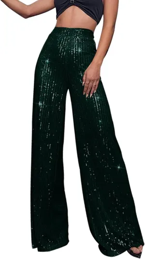 Sequin Pants for Women High Waisted Wide Leg Sparkly Pants Elastic Casual Loose Party Clubwear Bling Glitter Trousers