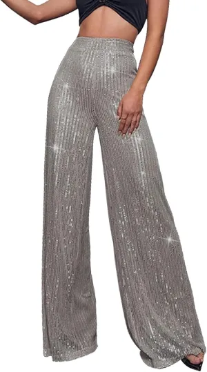 Sequin Pants for Women High Waisted Wide Leg Sparkly Pants Elastic Casual Loose Party Clubwear Bling Glitter Trousers