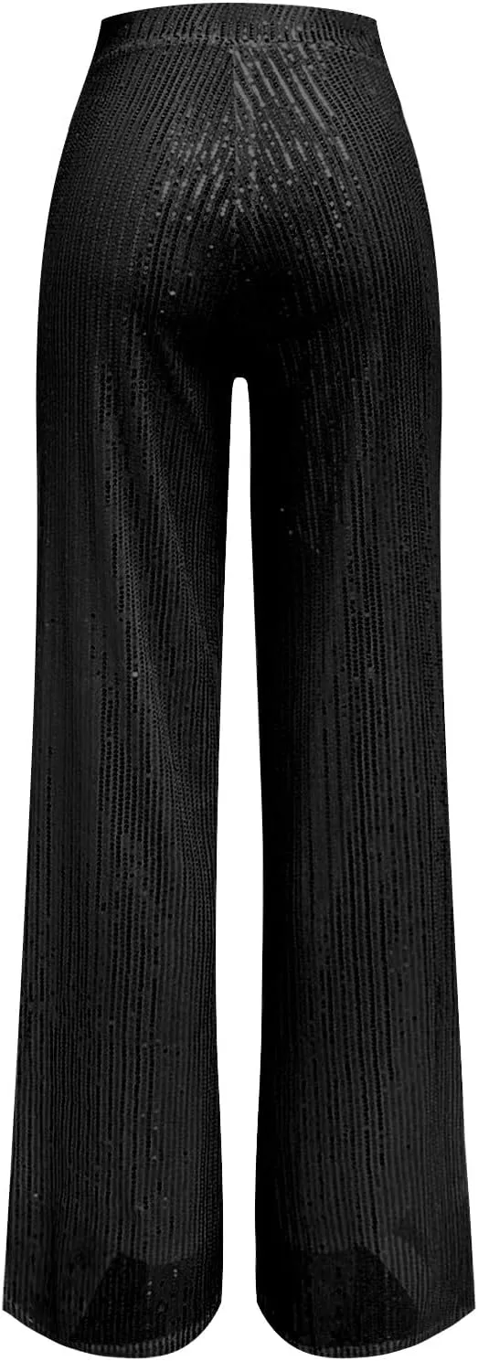 Sequin Pants for Women High Waisted Wide Leg Sparkly Pants Elastic Casual Loose Party Clubwear Bling Glitter Trousers