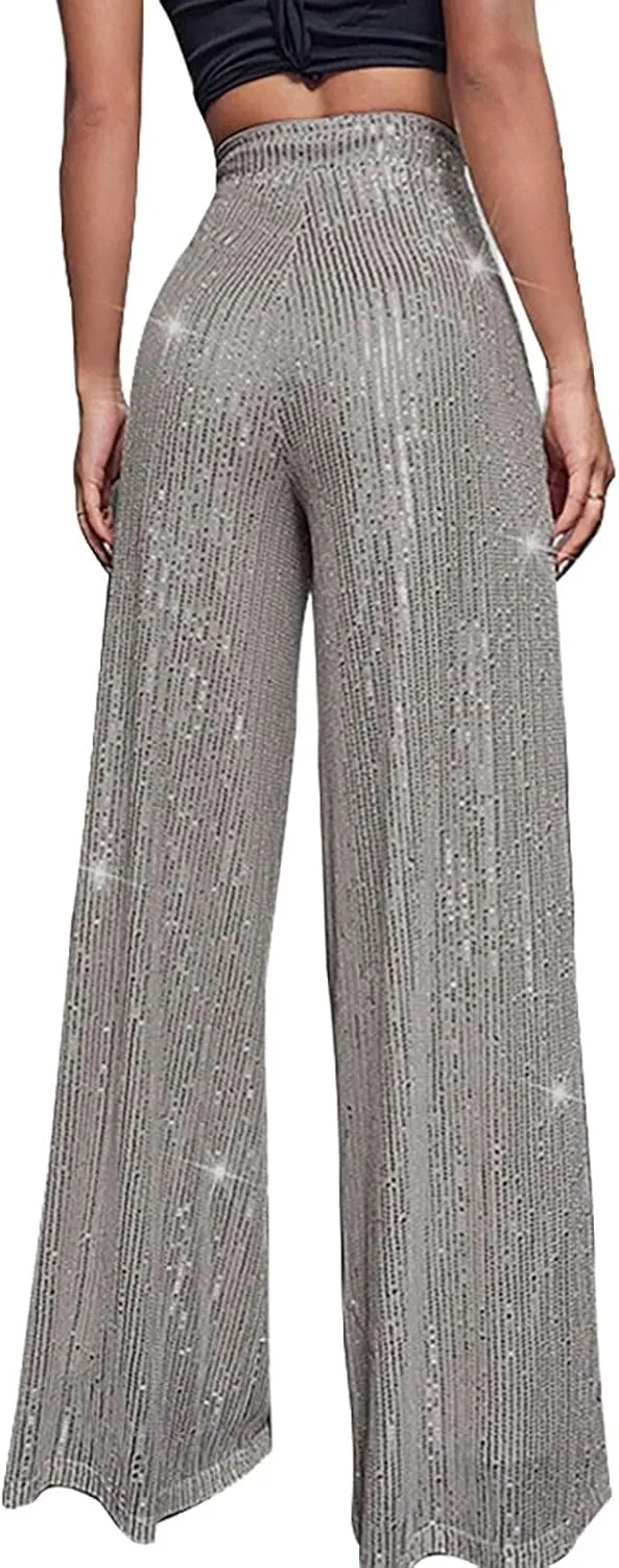 Sequin Pants for Women High Waisted Wide Leg Sparkly Pants Elastic Casual Loose Party Clubwear Bling Glitter Trousers