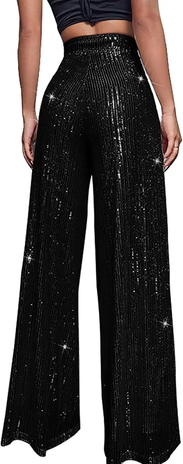 Sequin Pants for Women High Waisted Wide Leg Sparkly Pants Elastic Casual Loose Party Clubwear Bling Glitter Trousers