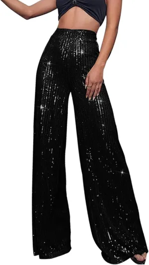 Sequin Pants for Women High Waisted Wide Leg Sparkly Pants Elastic Casual Loose Party Clubwear Bling Glitter Trousers