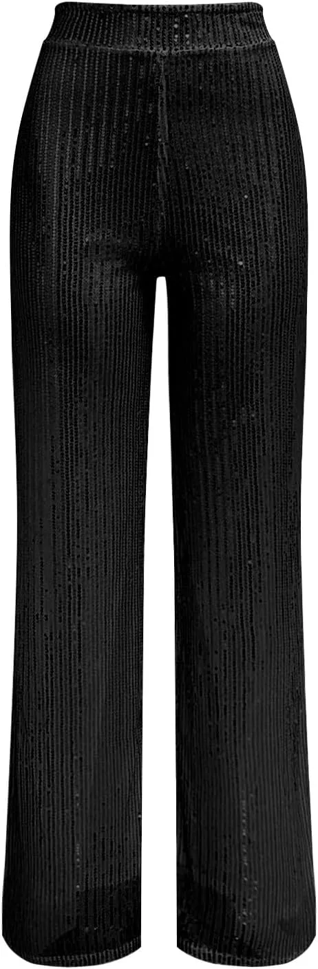 Sequin Pants for Women High Waisted Wide Leg Sparkly Pants Elastic Casual Loose Party Clubwear Bling Glitter Trousers