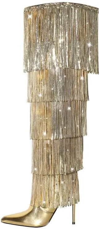 sexytag Metallic Silver Fringe Thigh High Wide Calf Boots Stiletto Heels Over the Knee Tassal Boots