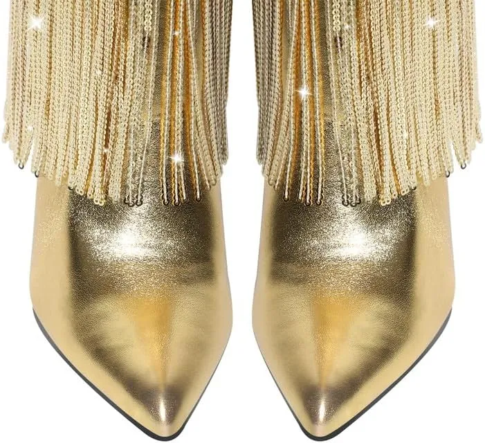 sexytag Metallic Silver Fringe Thigh High Wide Calf Boots Stiletto Heels Over the Knee Tassal Boots