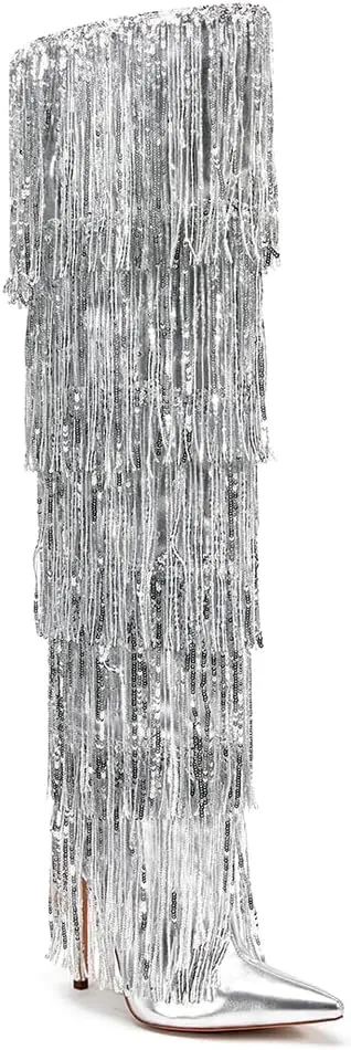 sexytag Metallic Silver Fringe Thigh High Wide Calf Boots Stiletto Heels Over the Knee Tassal Boots