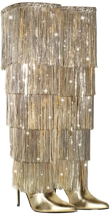 sexytag Metallic Silver Fringe Thigh High Wide Calf Boots Stiletto Heels Over the Knee Tassal Boots