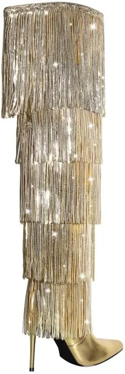 sexytag Metallic Silver Fringe Thigh High Wide Calf Boots Stiletto Heels Over the Knee Tassal Boots