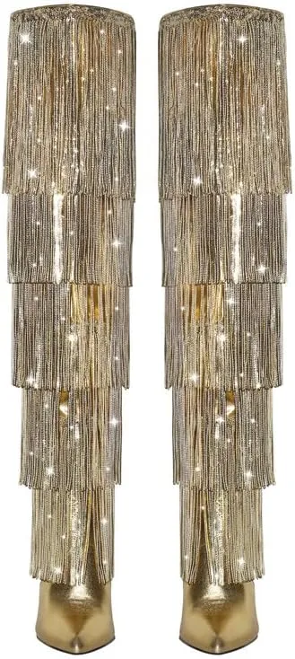 sexytag Metallic Silver Fringe Thigh High Wide Calf Boots Stiletto Heels Over the Knee Tassal Boots