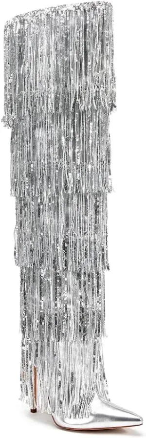 sexytag Metallic Silver Fringe Thigh High Wide Calf Boots Stiletto Heels Over the Knee Tassal Boots