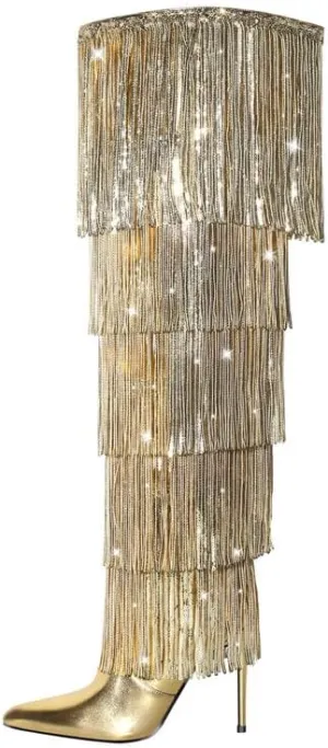 sexytag Metallic Silver Fringe Thigh High Wide Calf Boots Stiletto Heels Over the Knee Tassal Boots