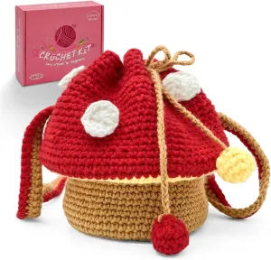 SGIBYN Crochet Kit for Beginners with Step-by-Step Video Tutorials,Cute Mushroom Crossbody Purse Bag Starter Crochet Kit for Women Knitting Kits Learn to Crochet Set (Mushroom Bag)
