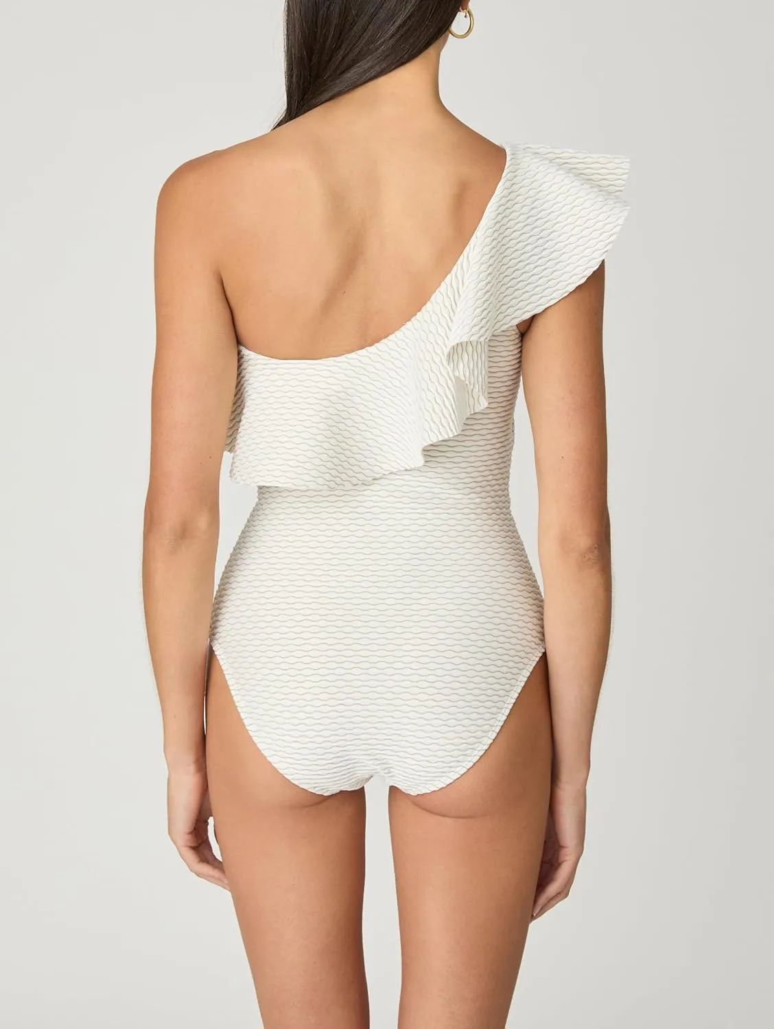Shoshanna Women's Ivory Wave Texture Ruffle Shoulder One Piece