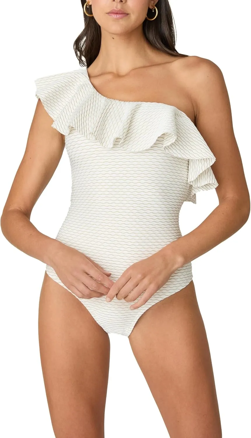 Shoshanna Women's Ivory Wave Texture Ruffle Shoulder One Piece
