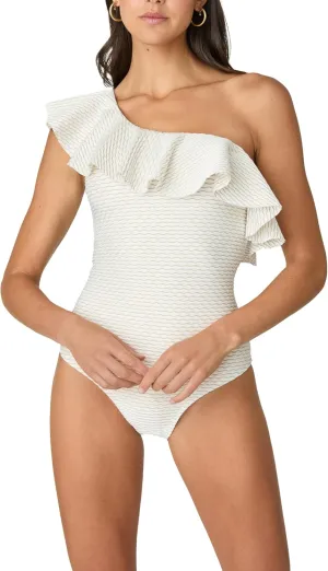Shoshanna Women's Ivory Wave Texture Ruffle Shoulder One Piece