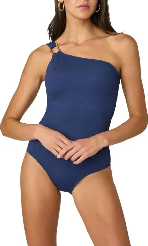 Shoshanna Women's Navy Geo Texture Ring Shoulder One Piece