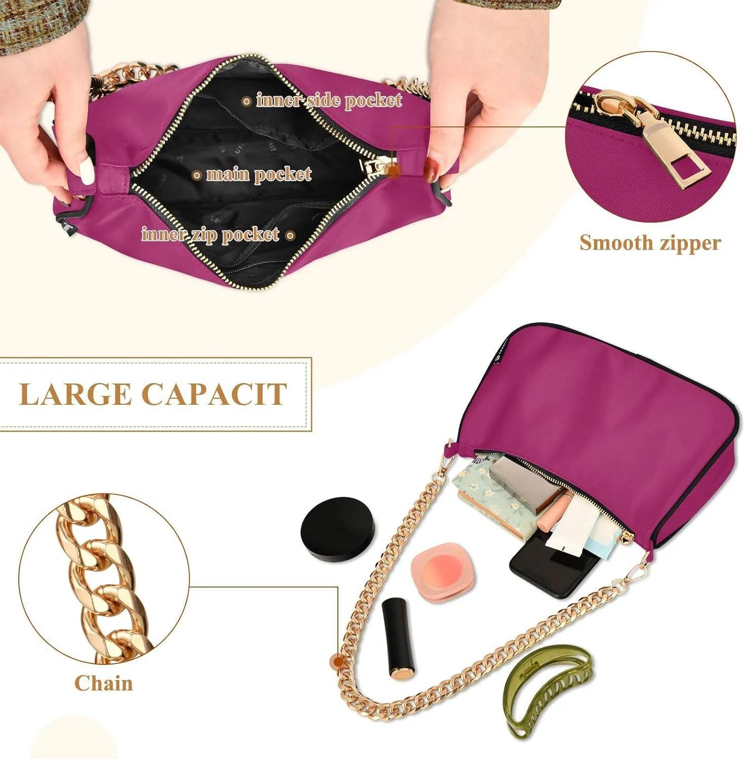 Shoulder Bag for Women Hobo Tote Handbag Gold Chain Crossbody Bag with Zipper Clutch Purse Handbags