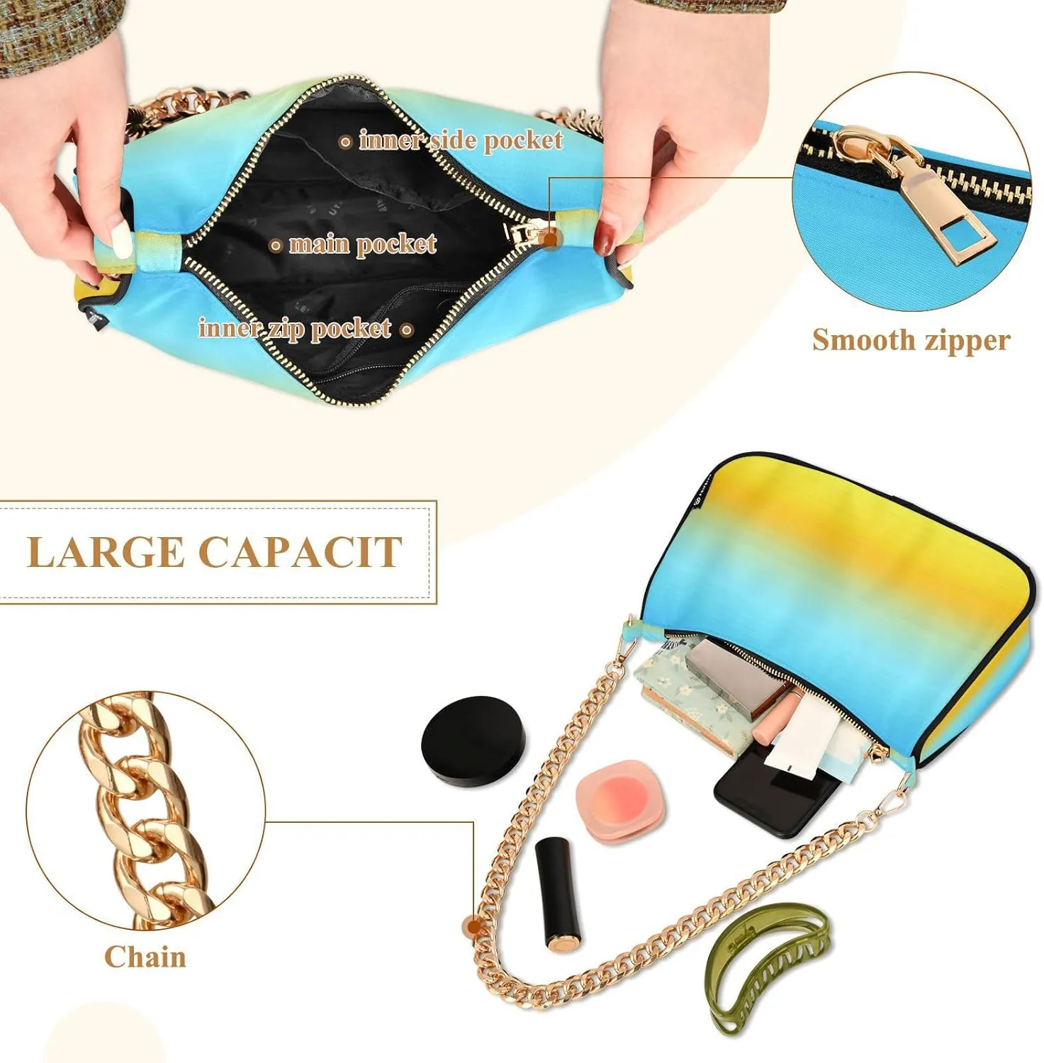 Shoulder Bag for Women Hobo Tote Handbag Gold Chain Crossbody Bag with Zipper Clutch Purse Handbags