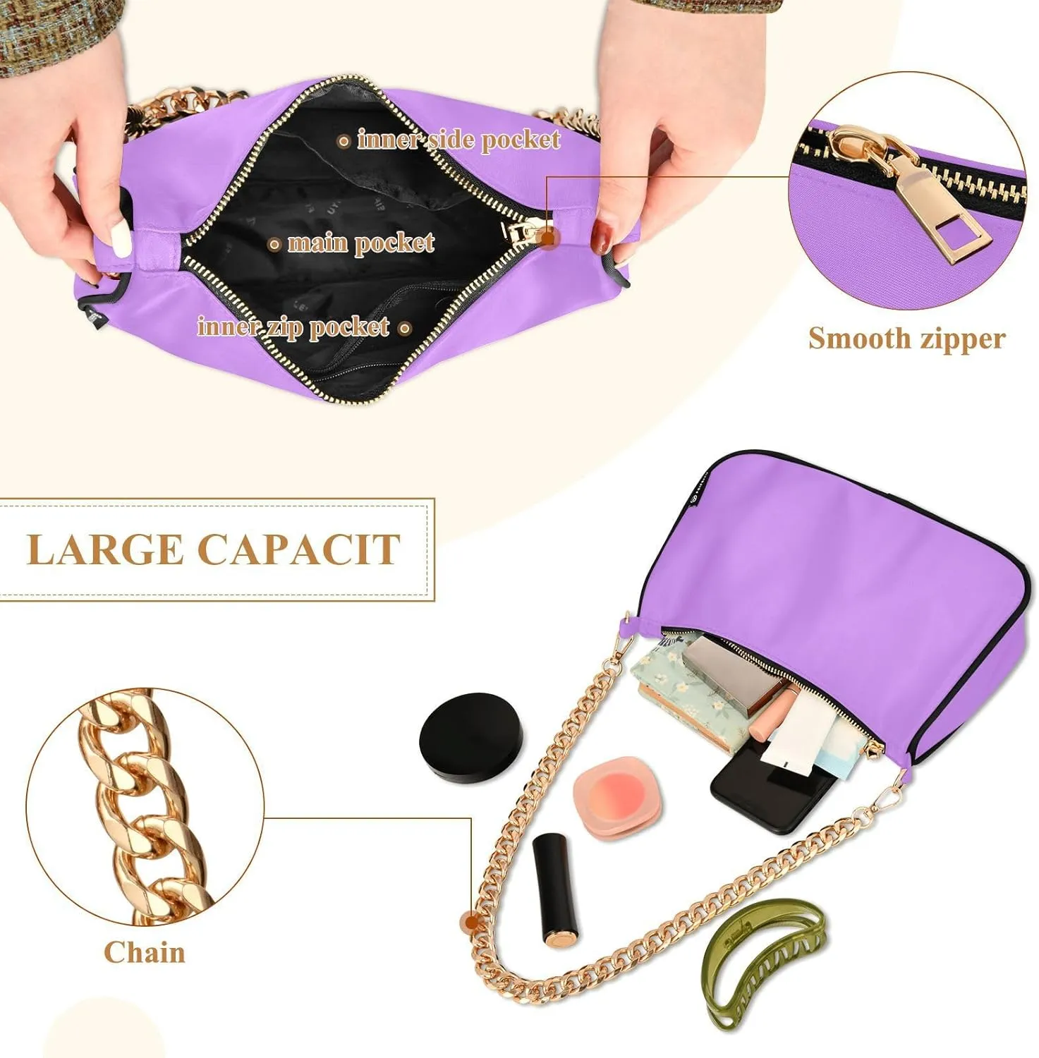 Shoulder Bag for Women Hobo Tote Handbag Gold Chain Crossbody Bag with Zipper Clutch Purse Handbags