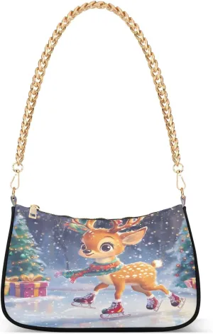 Shoulder Bags for Women Christmas Deer Skates Skating Hobo Tote Handbag Small Clutch Purse with Zipper Closure