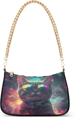 Shoulder Bags for Women Cute Surreal Space Cat with Mirror Shades Realism High Contrast High Detail Rainbow Colors Hobo Tote Handbag Small Clutch Purse with Zipper Closure
