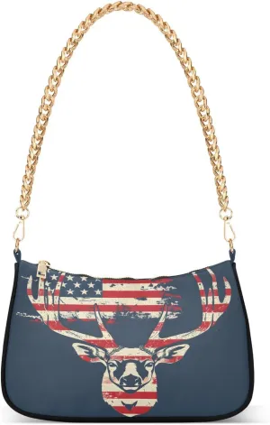 Shoulder Bags for Women Deer and American Flag Hobo Tote Handbag Small Clutch Purse with Zipper Closure