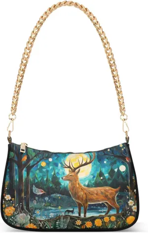 Shoulder Bags for Women Deer Birds Small Flowers Forest Landscape Hobo Tote Handbag Small Clutch Purse with Zipper Closure