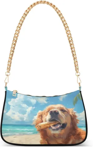 Shoulder Bags for Women Golden Retriever Eating Sardines Beach Hobo Tote Handbag Small Clutch Purse with Zipper Closure