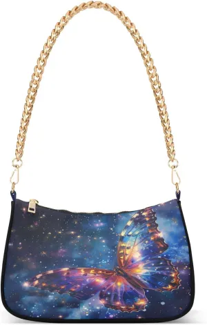 Shoulder Bags for Women Purple Butterfly in Blue Galaxy Hobo Tote Handbag Small Clutch Purse with Zipper Closure