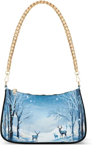 Shoulder Bags for Women Winter Forest Deer Hobo Tote Handbag Small Clutch Purse with Zipper Closure