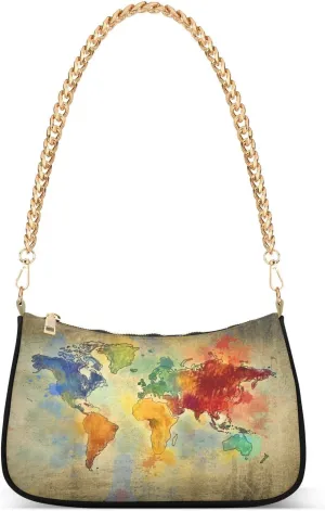 Shoulder Bags for Women World Map Hobo Tote Handbag Small Clutch Purse with Zipper Closure