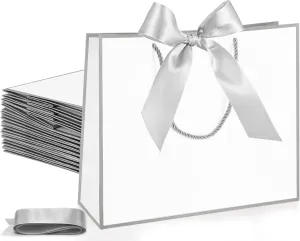 Silkfly 12 Pcs Thank You Gift Bags with Handle 11.8x10x4'' Welcome Bags Return Gifts with Bow Ribbon for Bridesmaid Baby Shower Mother's Day Graduation Wedding Housewarming Birthday(White, Silver)
