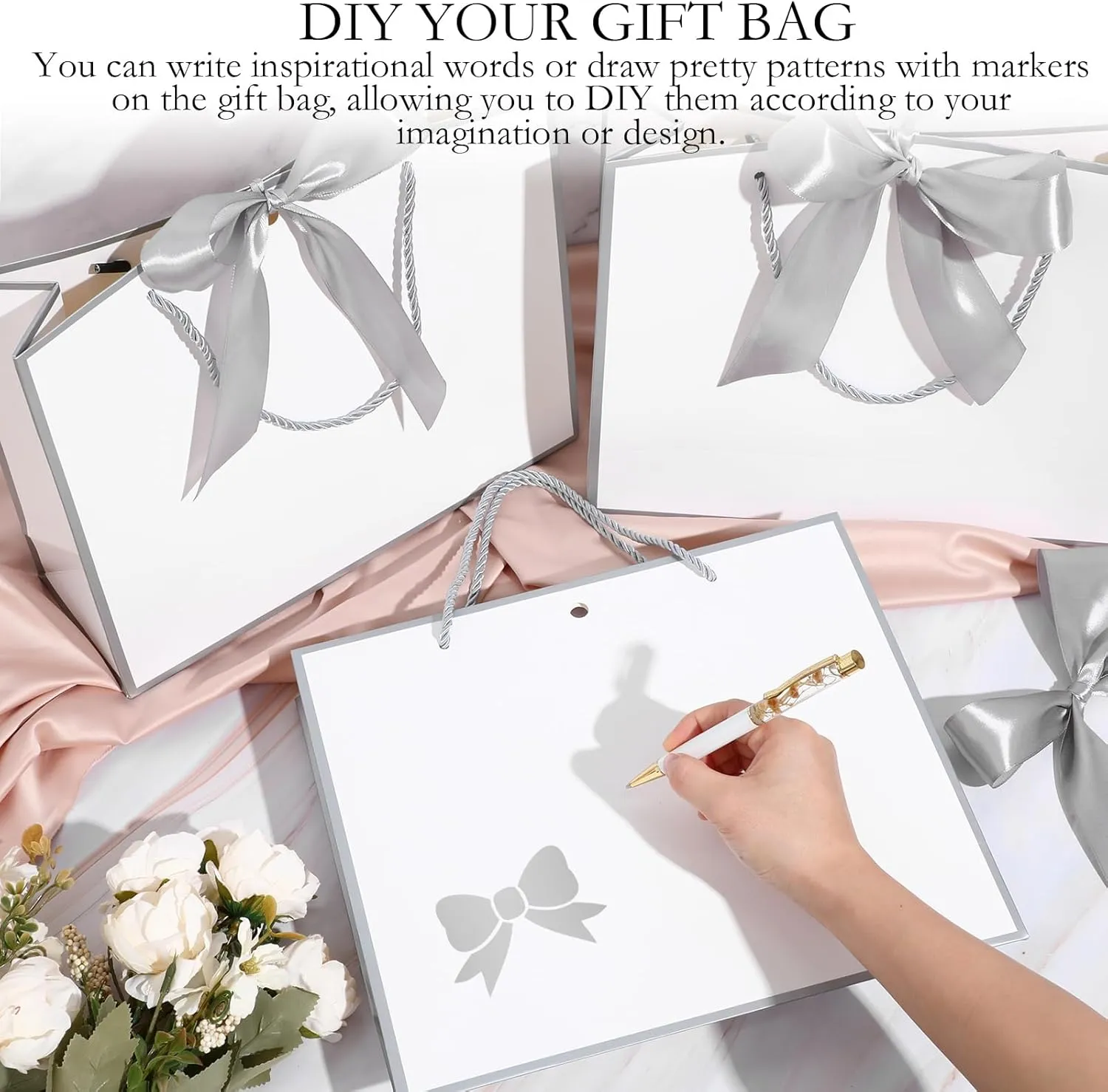 Silkfly 12 Pcs Thank You Gift Bags with Handle 11.8x10x4'' Welcome Bags Return Gifts with Bow Ribbon for Bridesmaid Baby Shower Mother's Day Graduation Wedding Housewarming Birthday(White, Silver)