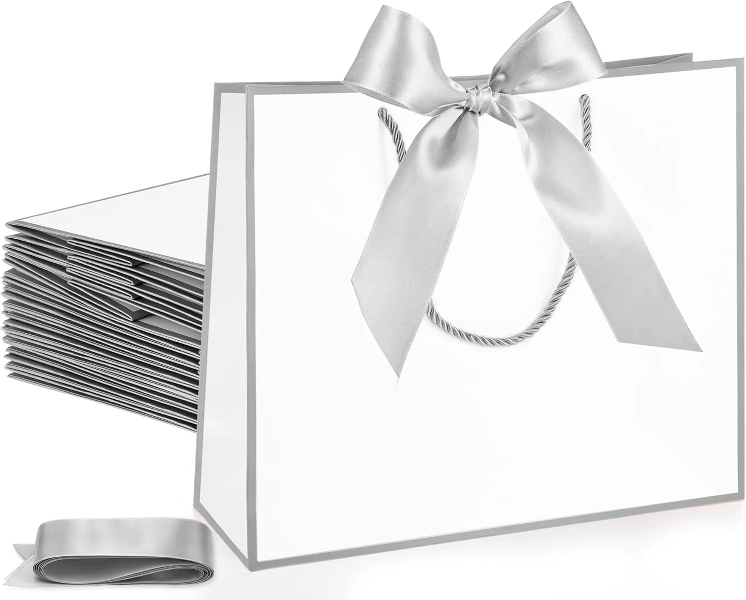 Silkfly 12 Pcs Thank You Gift Bags with Handle 11.8x10x4'' Welcome Bags Return Gifts with Bow Ribbon for Bridesmaid Baby Shower Mother's Day Graduation Wedding Housewarming Birthday(White, Silver)