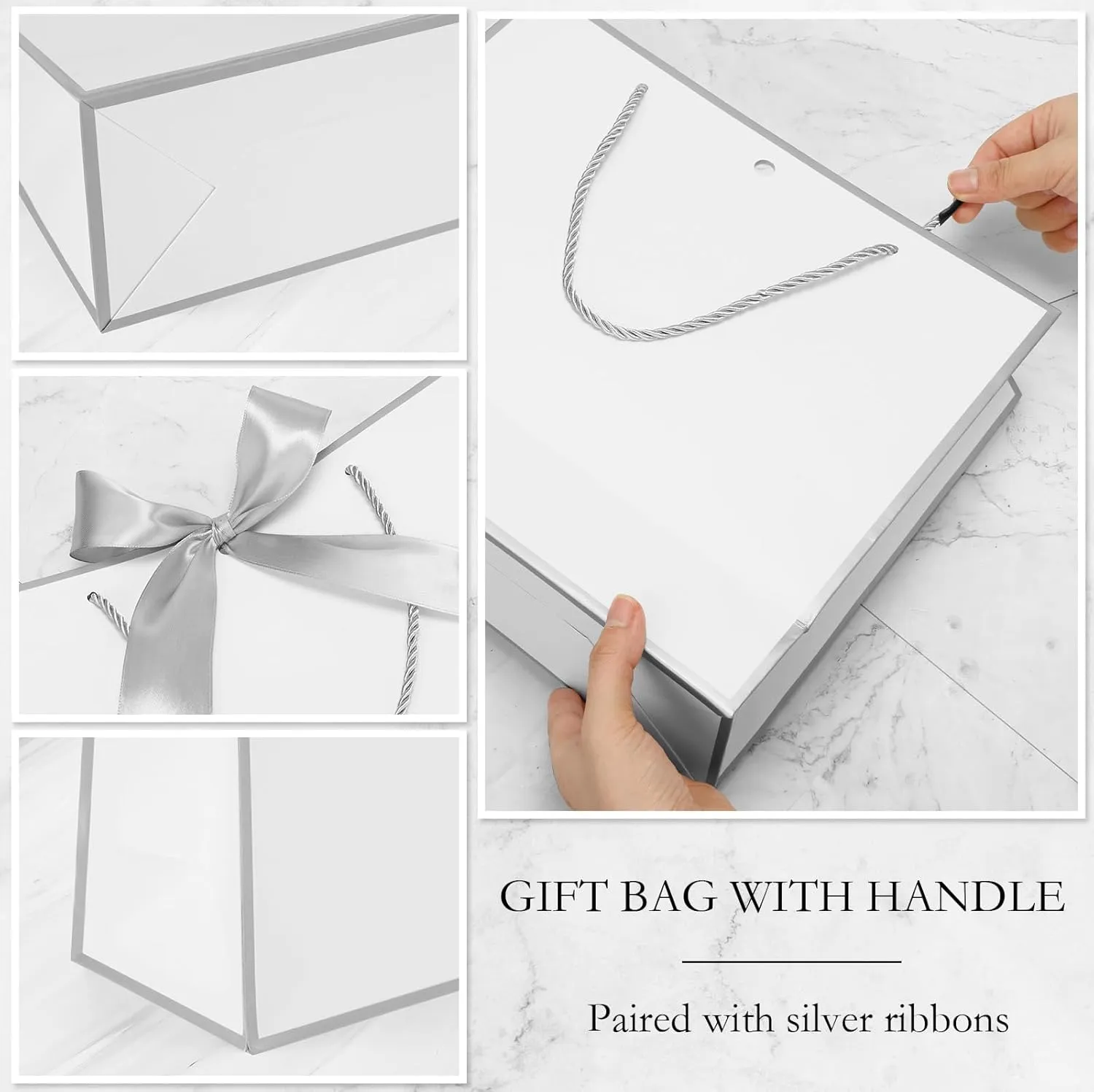 Silkfly 12 Pcs Thank You Gift Bags with Handle 11.8x10x4'' Welcome Bags Return Gifts with Bow Ribbon for Bridesmaid Baby Shower Mother's Day Graduation Wedding Housewarming Birthday(White, Silver)