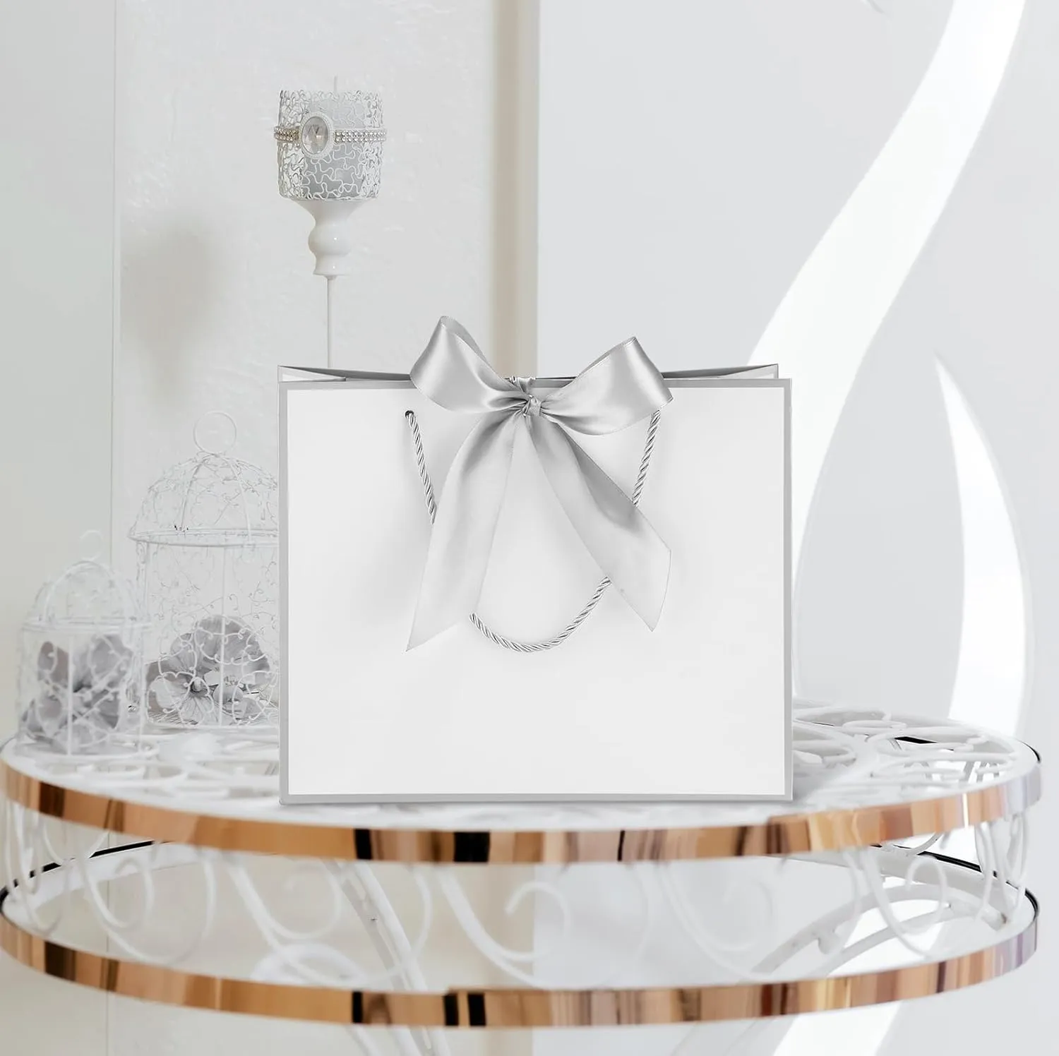 Silkfly 12 Pcs Thank You Gift Bags with Handle 11.8x10x4'' Welcome Bags Return Gifts with Bow Ribbon for Bridesmaid Baby Shower Mother's Day Graduation Wedding Housewarming Birthday(White, Silver)
