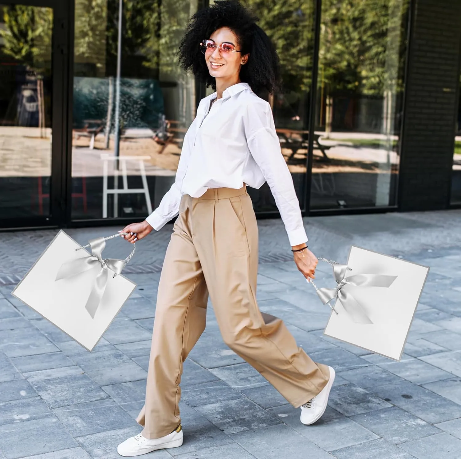 Silkfly 12 Pcs Thank You Gift Bags with Handle 11.8x10x4'' Welcome Bags Return Gifts with Bow Ribbon for Bridesmaid Baby Shower Mother's Day Graduation Wedding Housewarming Birthday(White, Silver)