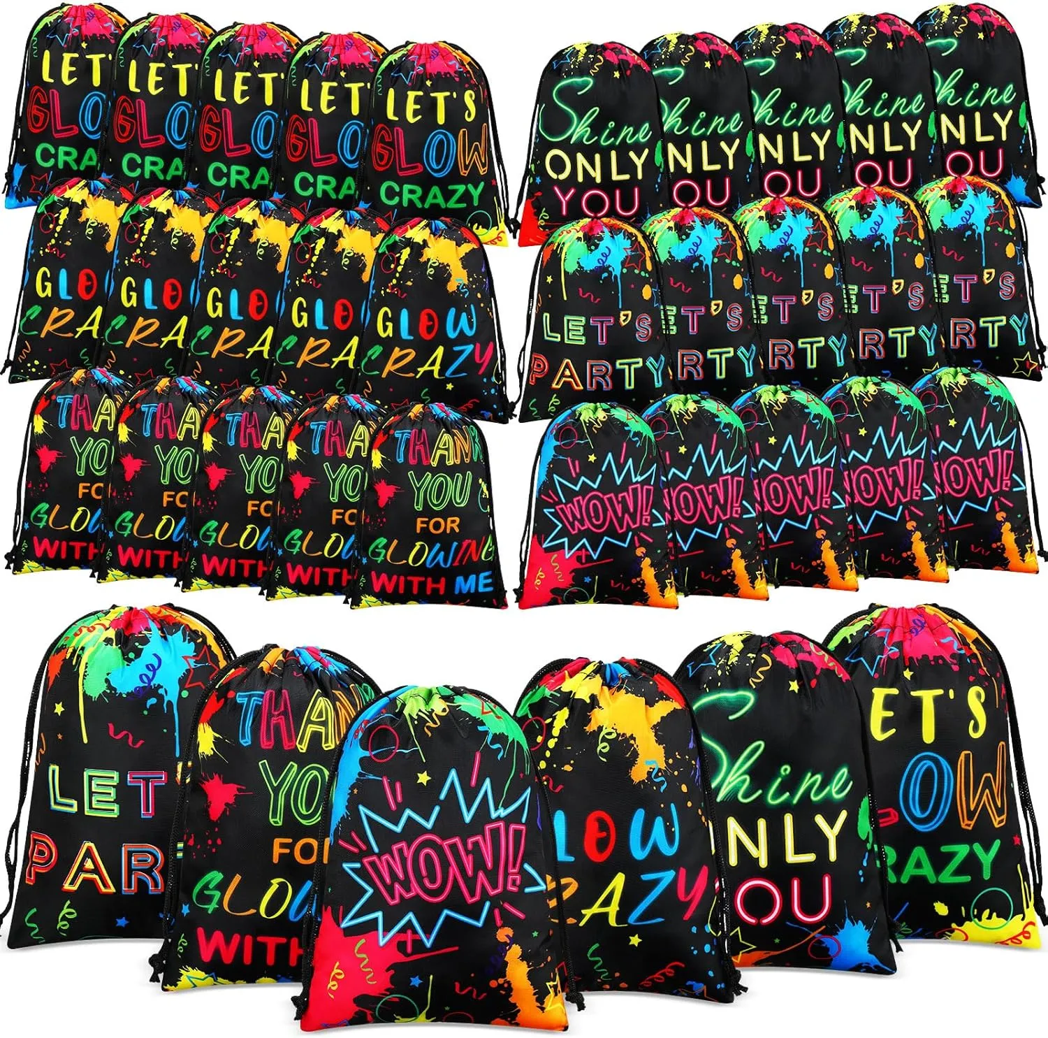 Silkfly 24 Pieces Drawstring Bags Birthday Gift Bags Reusable Party Favor Candy Drawstring Pouch for Goodie Treat Travel Theme Birthday Decoration, 7 x 10 Inch(Neon Style)