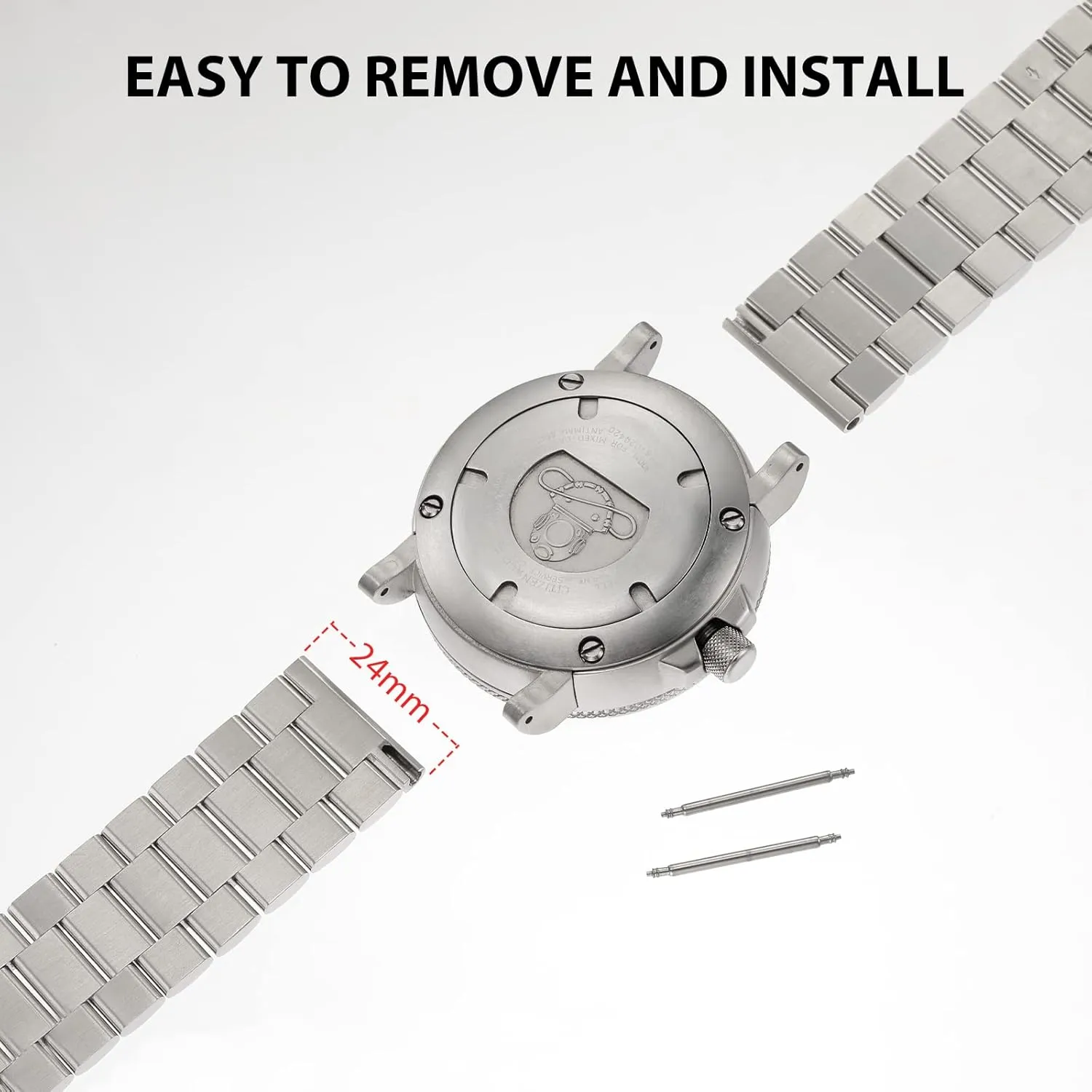 Silver Adapters and 24mm Band Compatible with Citizen Eco-Drive Promaster BJ8050 Sea Dive Watch