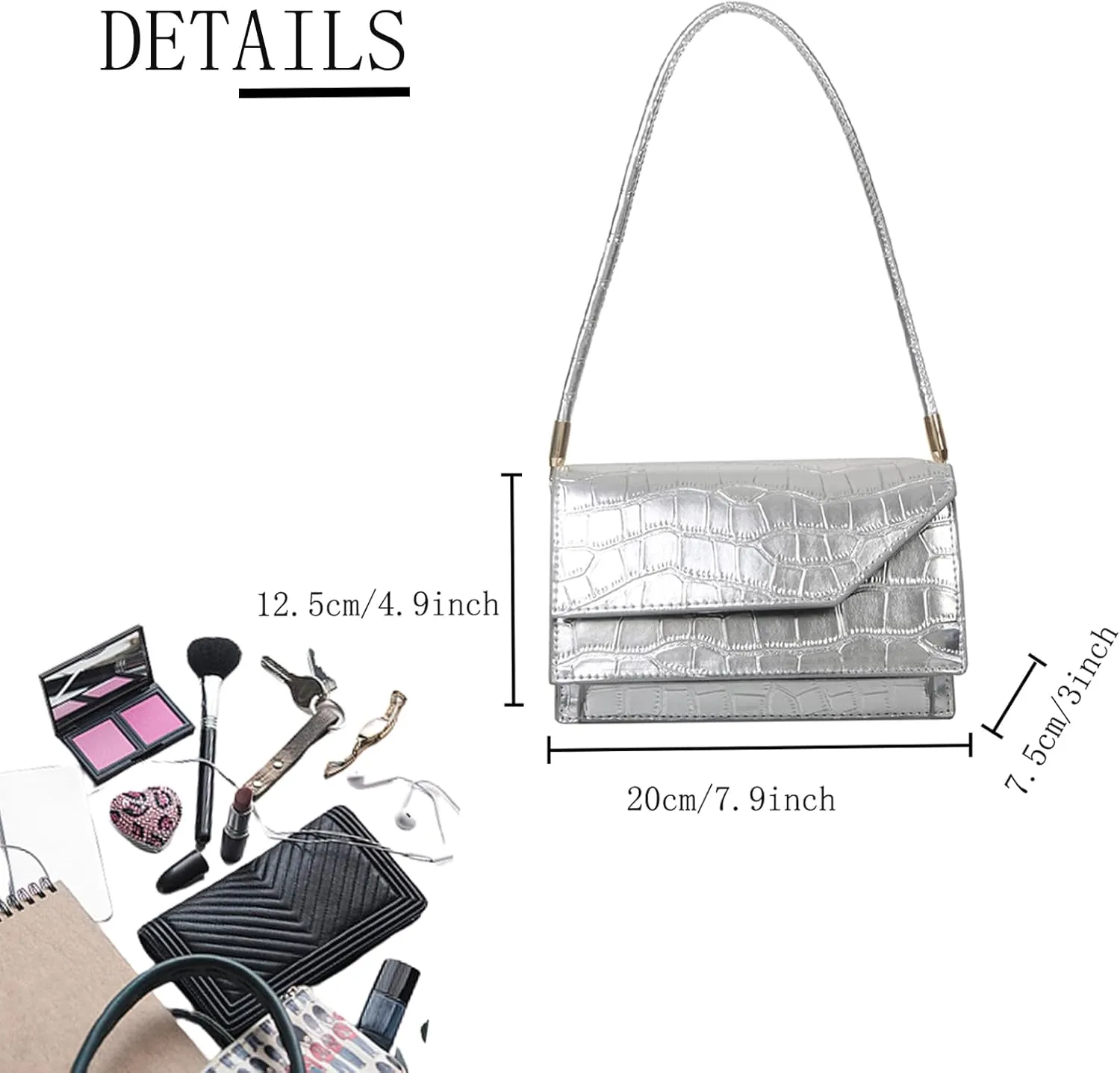 Silver Bag Evening Clutch Bag Sparkly Satchel Patent Leather Y2K Handbag Crossbody Metallic Purses for Party.