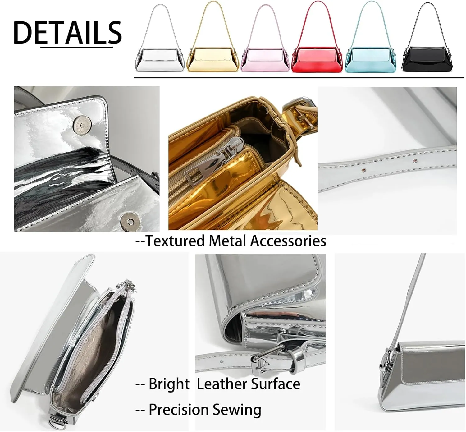 Silver Bag Evening Clutch Bag Sparkly Satchel Patent Leather Y2K Handbag Crossbody Metallic Purses for Party.